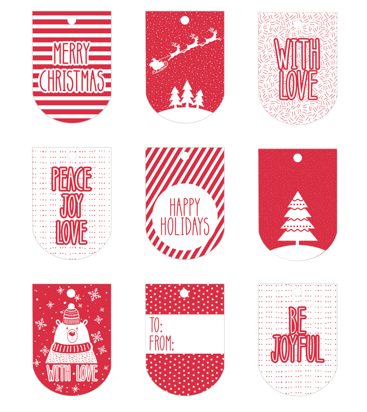étiquettes cadeaux Noel rouge et blanc motifs festifs à télécharger gratuitement