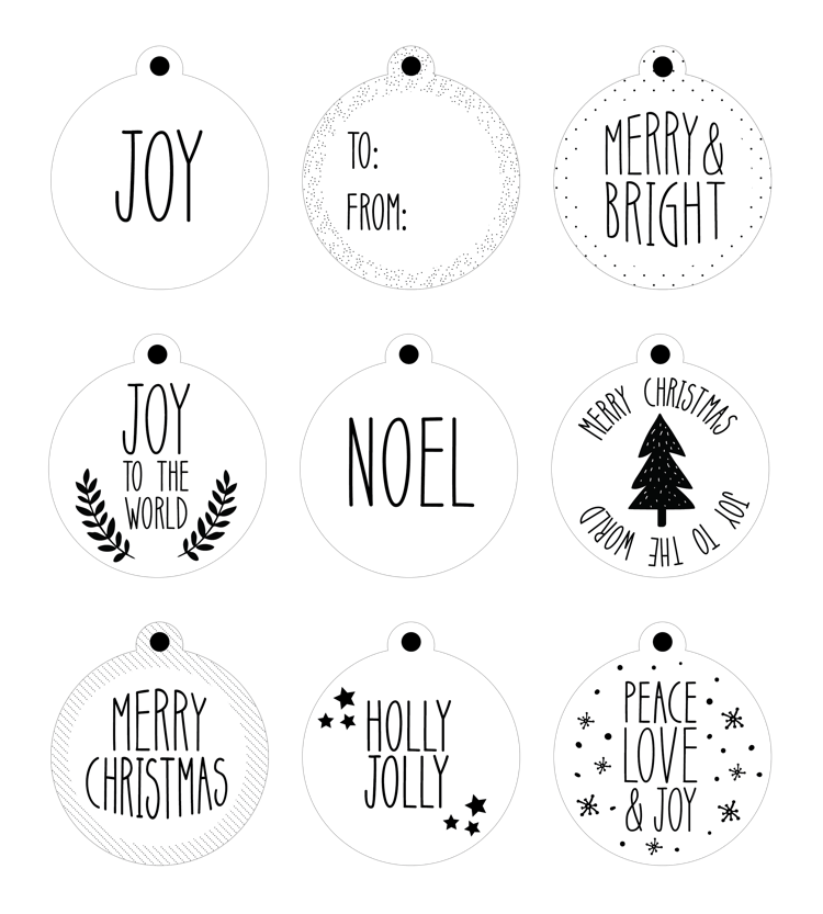étiquettes cadeaux boules de Noel motifs noirs à imprimer gratuitement