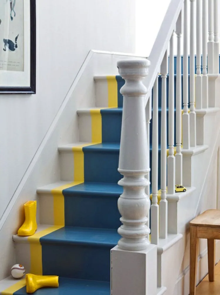 idée comment décorer les escaliers avec peinture marches bleu jaune contraste