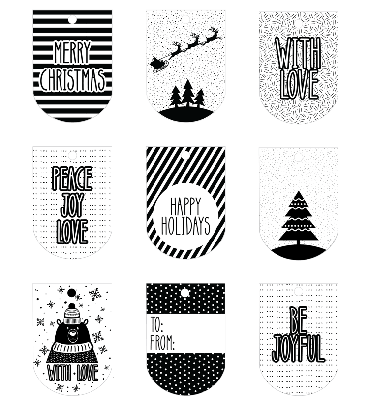 modèles étiquettes originales en noir et blanc pour les cadeaux de Noel