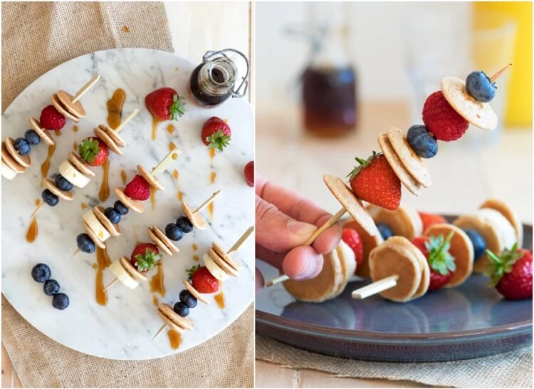 Mini pancakes and fruit skewers are party food and breakfast ideas for kids