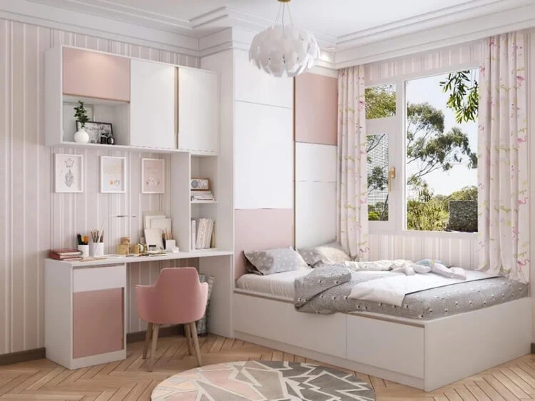 chambre ado fille moderne 2022 en blanc et rose avec rangements sur mesure et bureau
