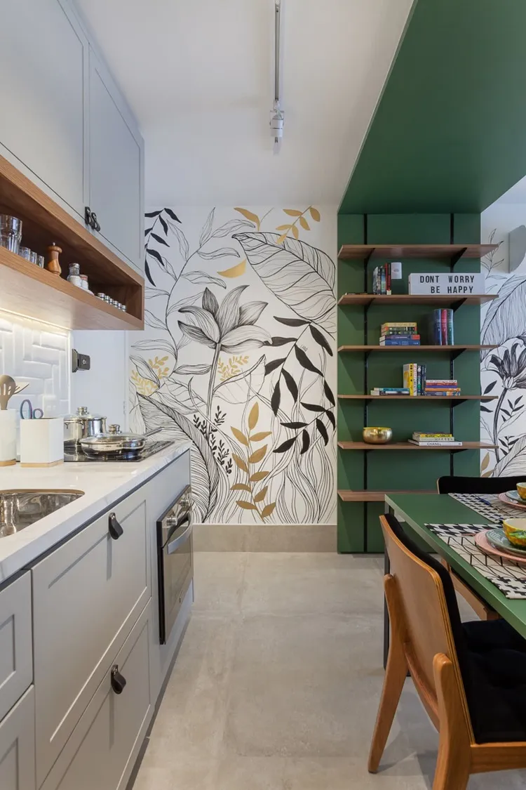 déco mur peinture murale forme geometrique fleurs cuisine moderne 2022