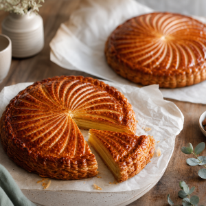 Deux galettes des rois feuilletées dorées sur papier cuisson avec motif spirale, décoration houx pour l'Épiphanie