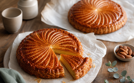Deux galettes des rois feuilletées dorées sur papier cuisson avec motif spirale, décoration houx pour l'Épiphanie
