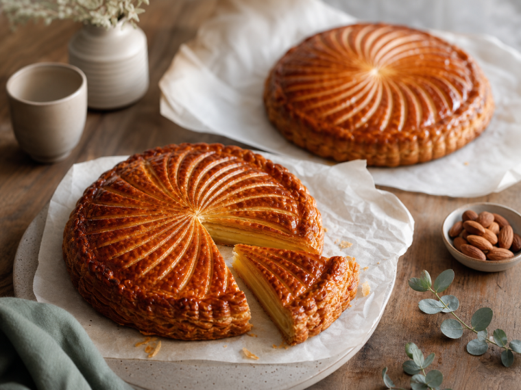 Deux galettes des rois feuilletées dorées sur papier cuisson avec motif spirale, décoration houx pour l'Épiphanie