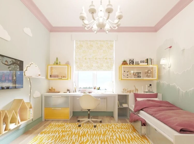 déco chambre ado avec peinture murale originale accents jaunes roses et vert menthe