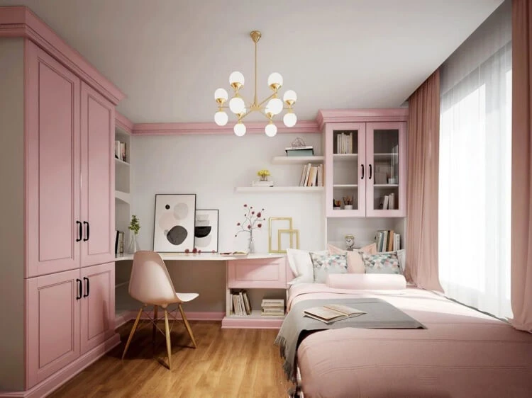 déco chambre rose pour fille adolescente avec rangements sur mesure et luminaire moderne