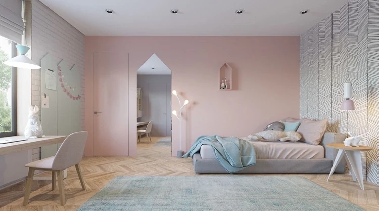 déco pastel dans la chambre ado peinture rose tapis bleu