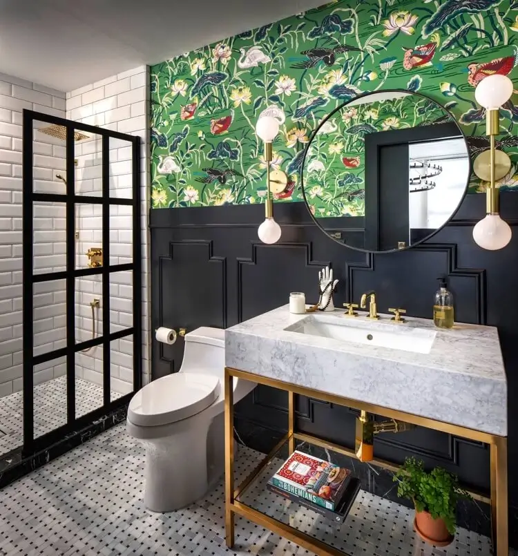 déco salle de bain éclectique paroi douche industrielle carrelage vintage papier peint art deco