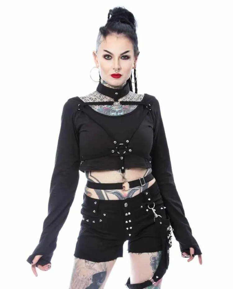 women top crop top black shorts studded harness Void-Clothing