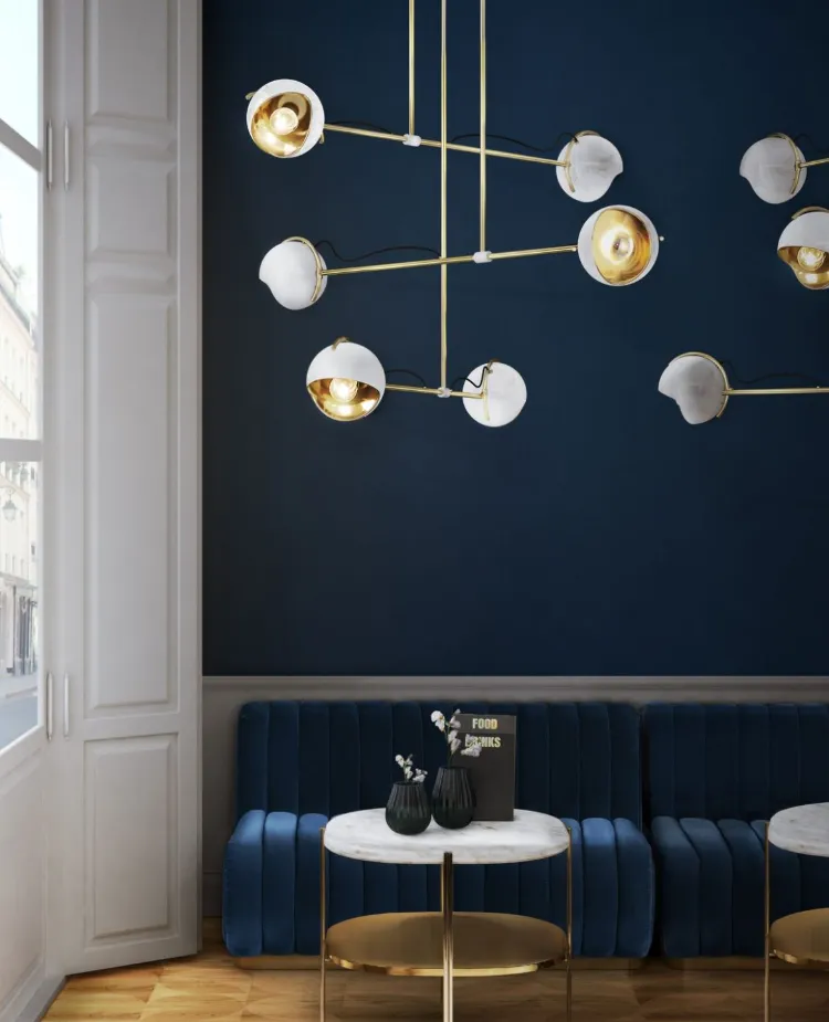 idées décoration restaurant appareils éclairage design peinture murale bleu foncé