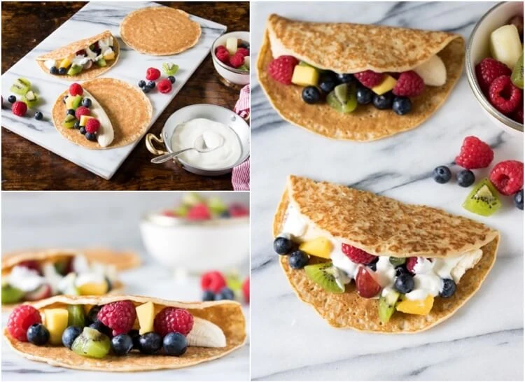 ideas of simple and unusual pancakes for children tacos with fruits and yogurt