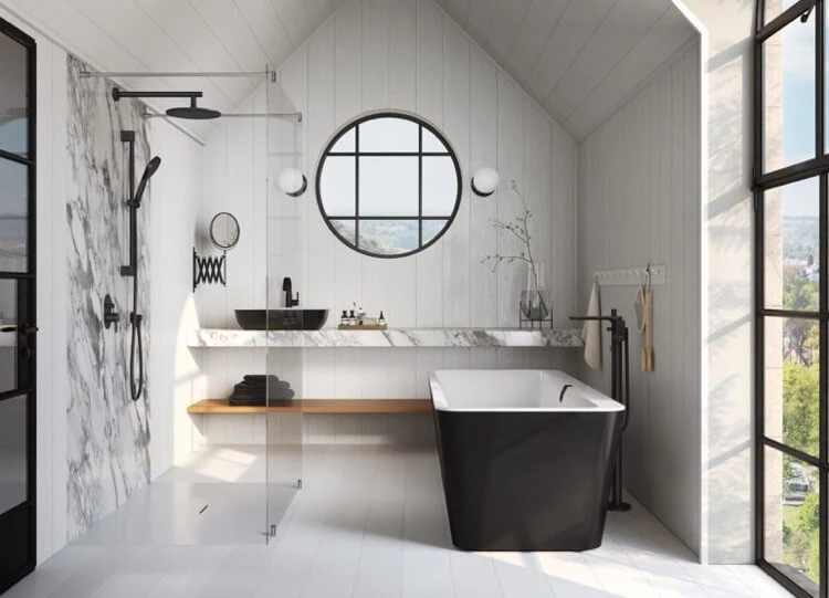 lavabo de mármol blanco y bañera negra ducha italiana