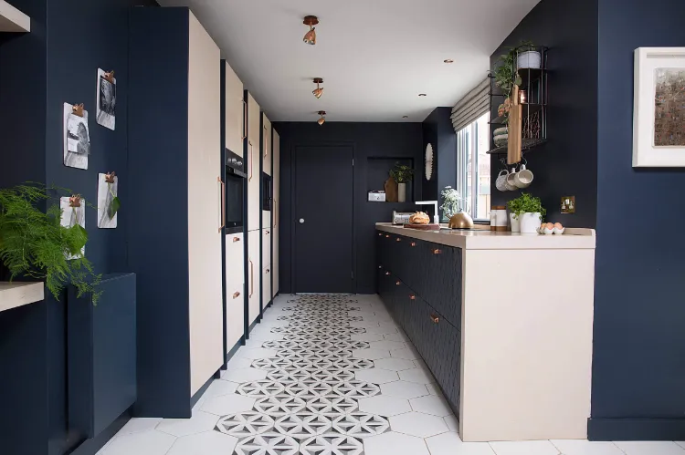 Kitchen Material Trend 2022 Dark blue tiled floor for furniture worktops