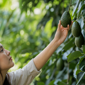 Main tenant un avocat mûr sur un avocatier chargé de fruits en pleine terre
