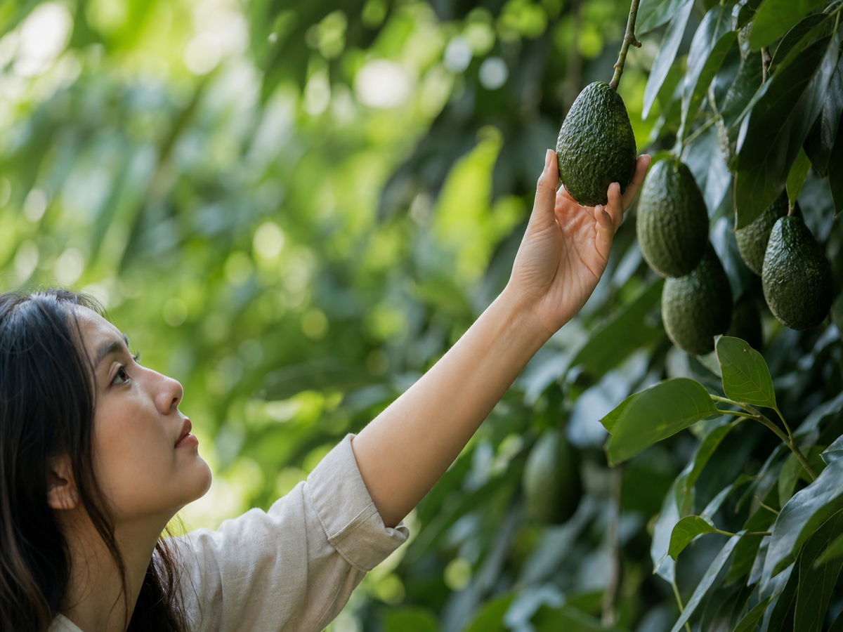 Main tenant un avocat mûr sur un avocatier chargé de fruits en pleine terre
