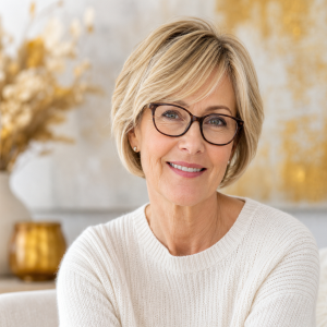 Femme de 70 ans élégante avec une coupe bob blond court structuré et frange latérale balayée