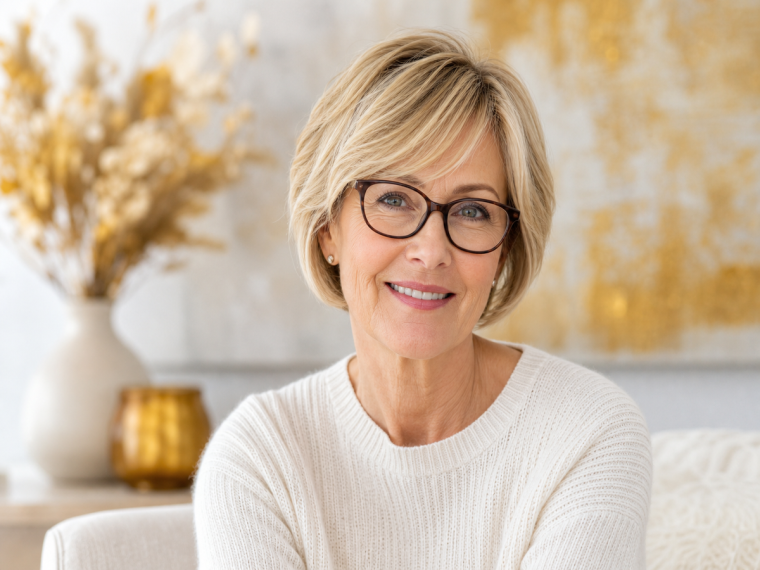 Femme de 70 ans élégante avec une coupe bob blond court structuré et frange latérale balayée