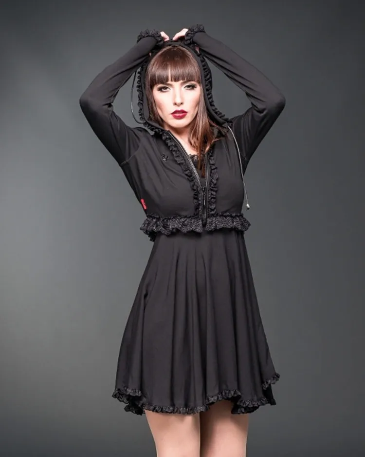 Queen-of-Darkness Black Gothic Style Long Sleeve Hooded Dress