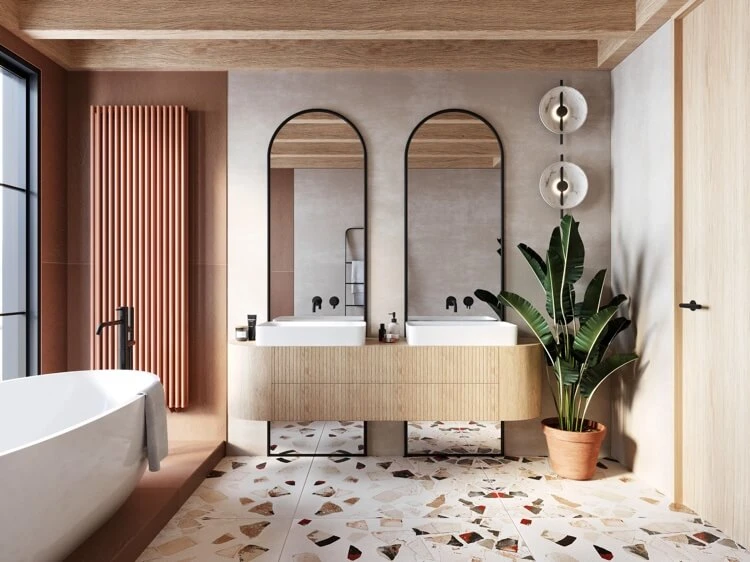tendencias baño 2022 muebles de madera formas orgánicas terrazo gran formato