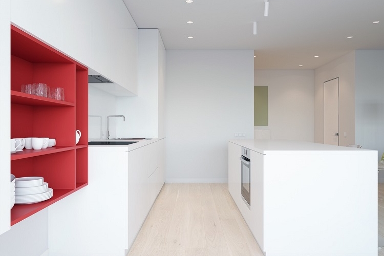 cuisine minimaliste blanche étagère rangement ouvertes rouges accent
