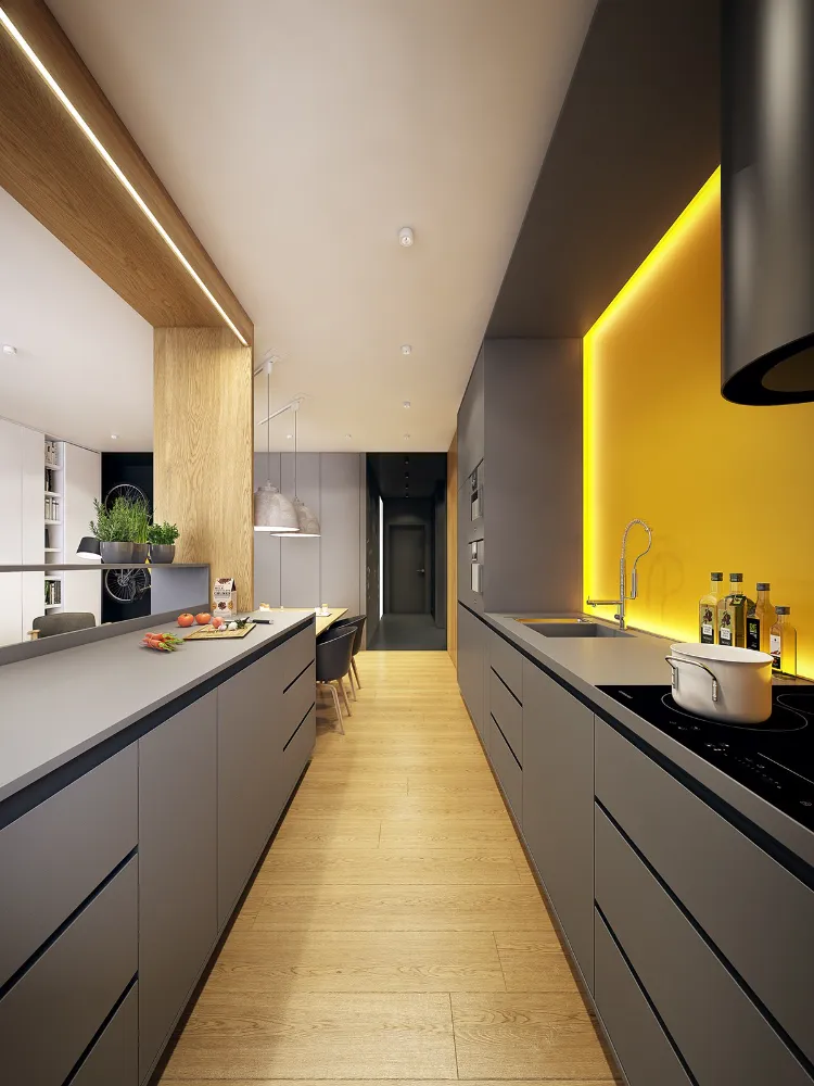cuisine-minimaliste-gris-graphite-mat-credence-jaune-bois-clair-rubans-lumineux-LED