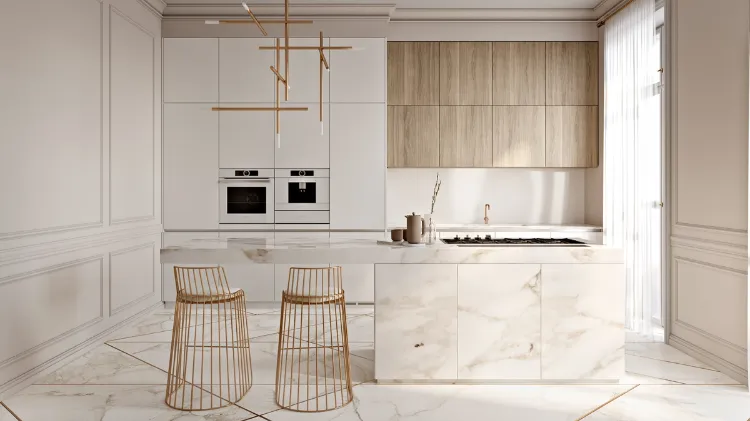 cuisines minimalistes marbre blan bois clair éléments laiton style art déco
