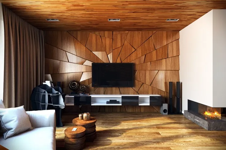 décoration mur télé design revetement bois trompe l'oeil tendances 2022