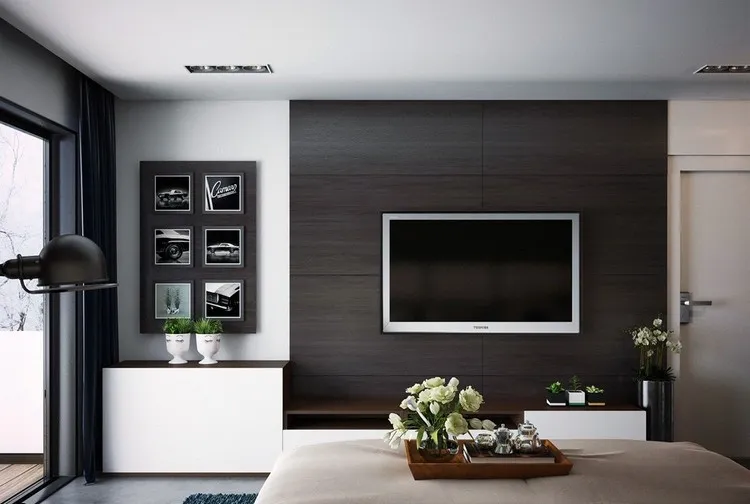 decoration mur tv minimaliste peinture foncée tendances 2022