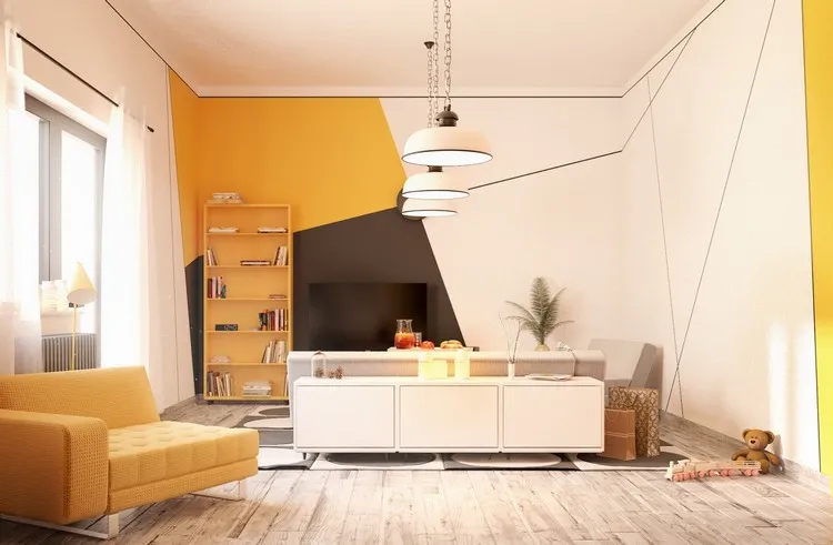 idee deco mur tv peinture géométrique couleurs pastel décoration d'intérieur 2022
