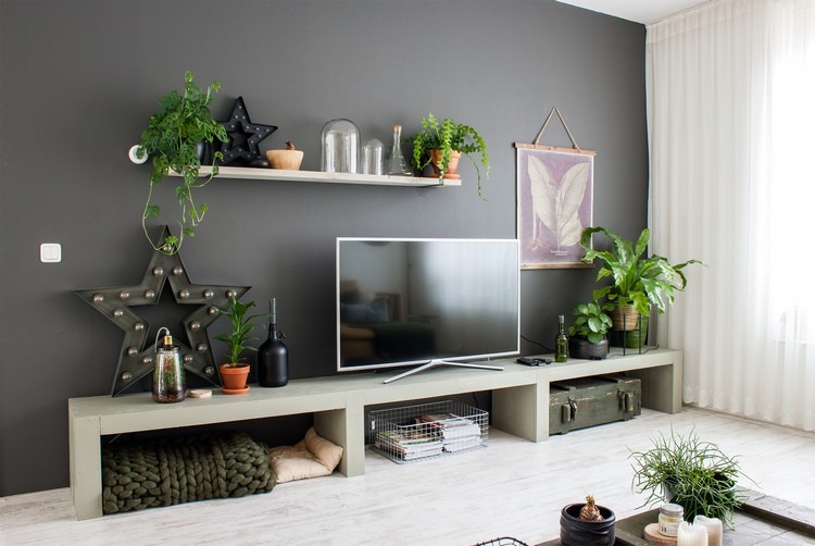 idee deco tv mural plantes vertes d'intérieur mur accent tendances design intérieur 2022