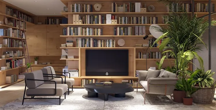mur tv deco façon bibliothèque maison tendances design intérieur 2022