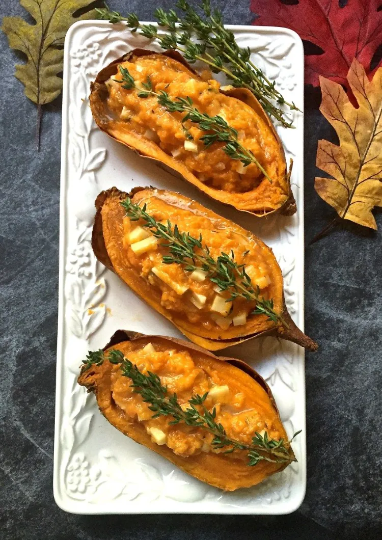 Vegetarian family winter meal without meat sweet potato baked cheese