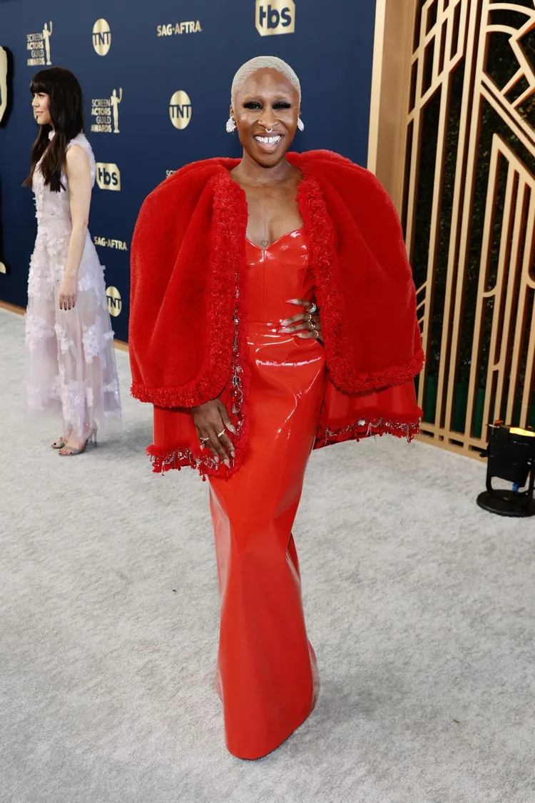 fashion trend 2022 red latex dress signed Louis Vuitton Cynthia Erivo