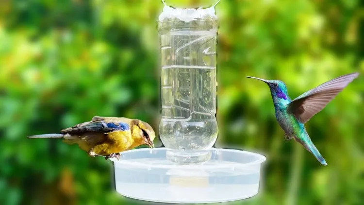 bird drinker drill three holes neck plastic bottle saucer