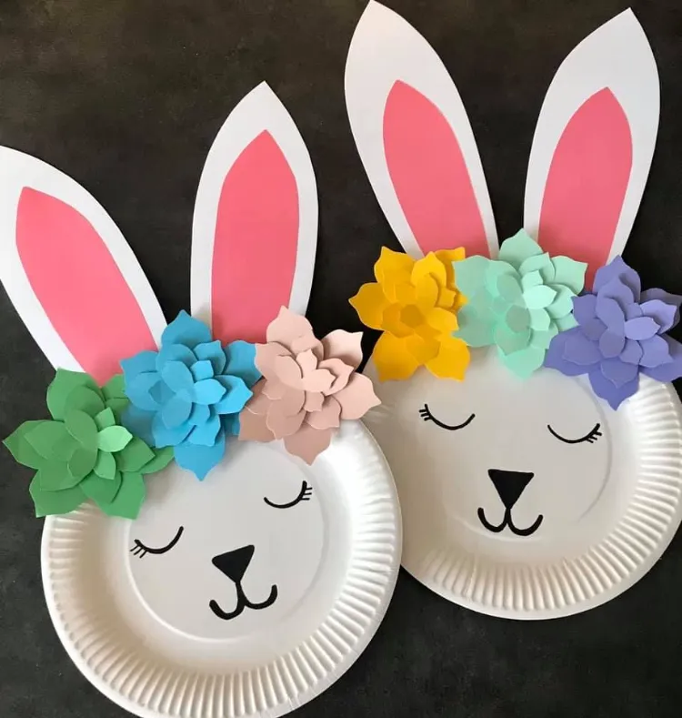 bricolage paques 3 ans idée originale lapins assiettes carton fleurs papier