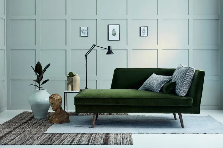 canapé méridienne velours vert foncé design néo classique salon contemporain