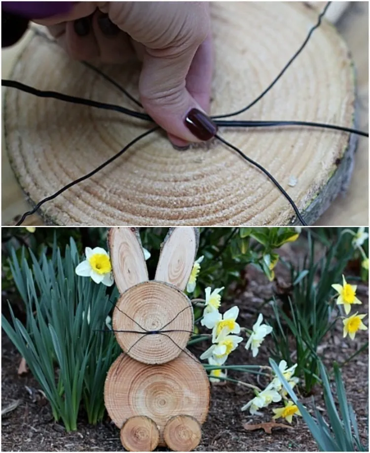 idee deco de paques a faire soi meme tutoriel decoration exterieur lapin en rondelles de bois