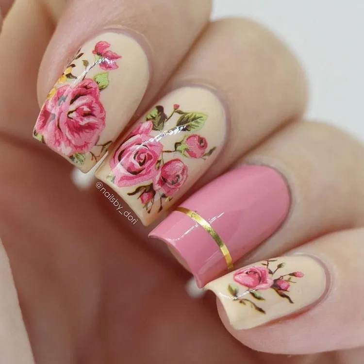 nail art fleur rose deco ongles printemps 2022