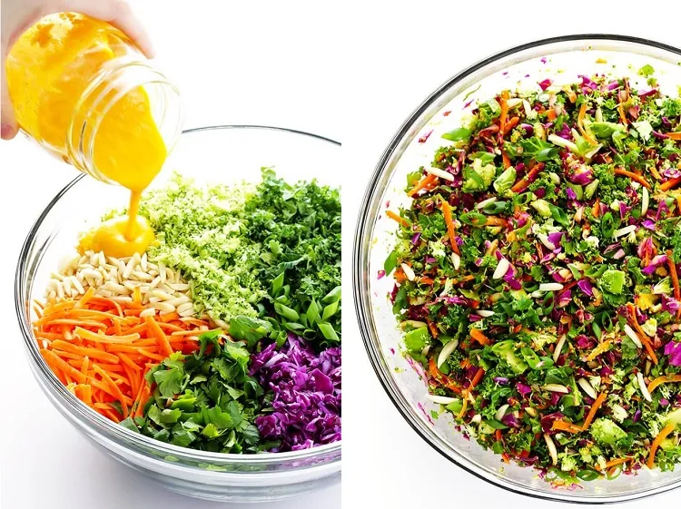 spring detox salad with carrots, broccoli, kale, ginger, parsley, onion