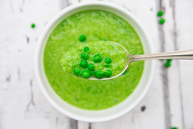 Thermomix summer soup recipe with bacon peas