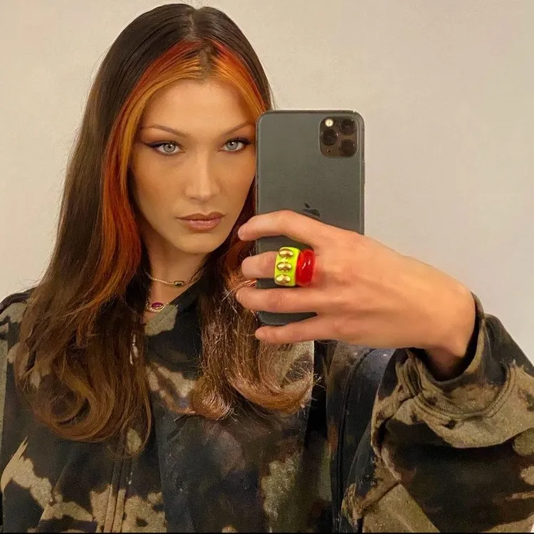 Spring/Summer 2022 hair color trend Colorful locks framing Bella Hadid's face