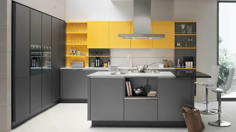 combine yellow with gray in an open kitchen 2022