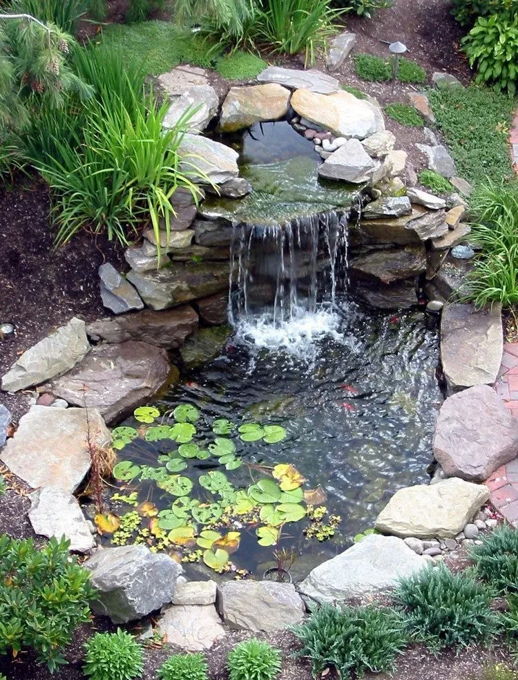 bassin de jardin avec cascade déco pierres aménagement extérieur moderne 2022