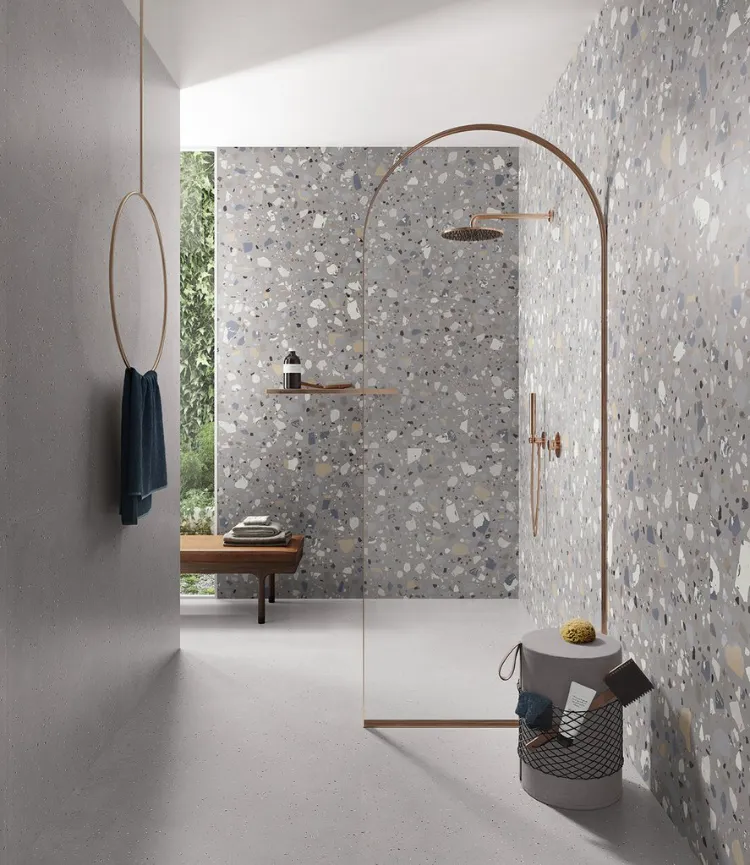 carrelage salle bain moderne terrazzo gris Ceramica Sant’Agostino collection deconcrete
