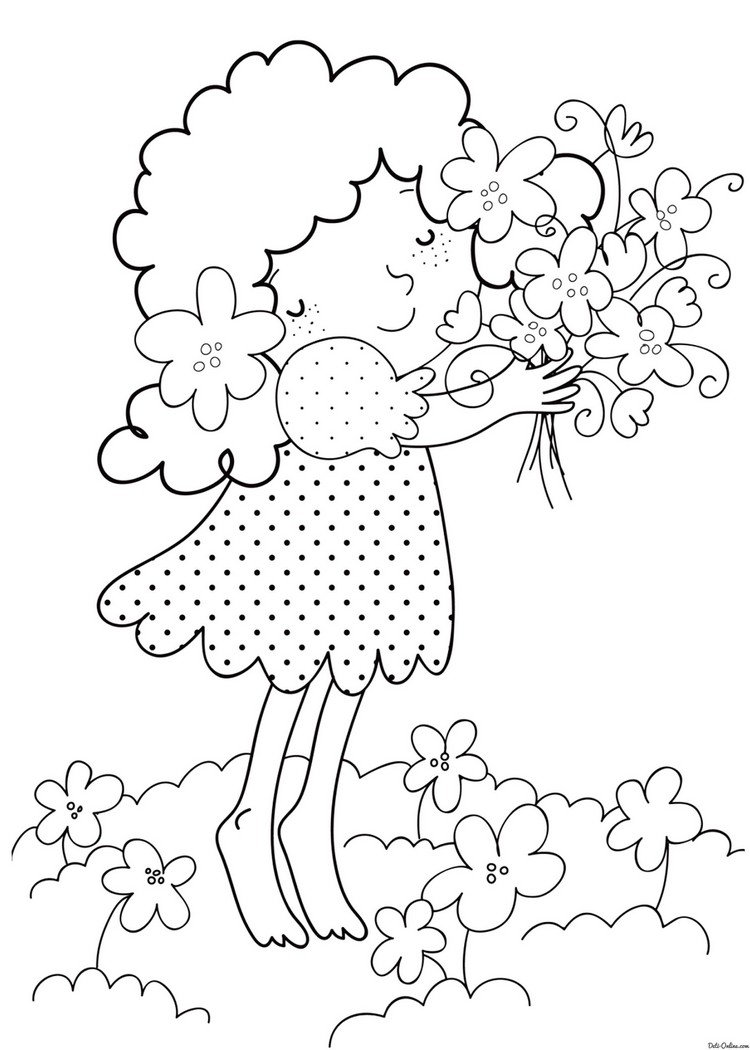 coloriage printemps à imprimer gratuitements enfants fille avec fleurs