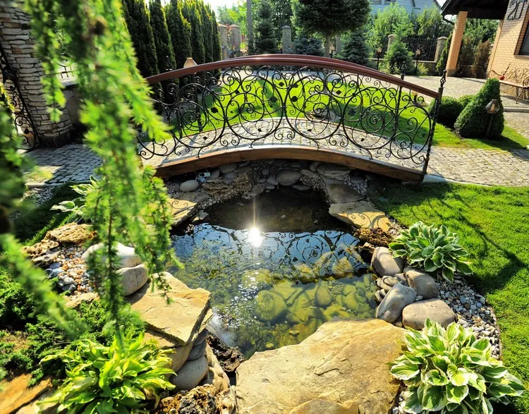 décoration bassin de jardin pont décoratif en métal et bois végétation luxuriante