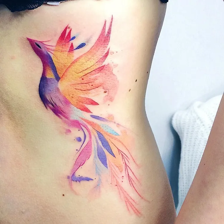 dessin tatouage femme phenix phoenix aquarelle cote