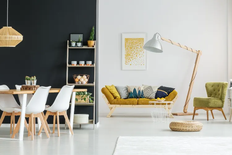 idée décoration salon salle à manger bois clair blanc noir peinture meubles